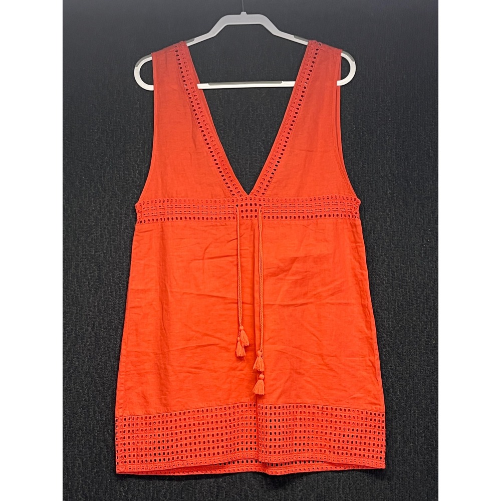 J.Crew Orange Linen Cotton Eyelet Lace Tassel V-Neck Tunic Tank Top Cover-Up S